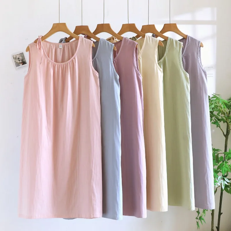 Women's Summer Thin Cotton Gauze Sleeveless Pajamas Simple Solid Color Pullover Vest  Sleep Dress Round Neck Casual Nightgowns