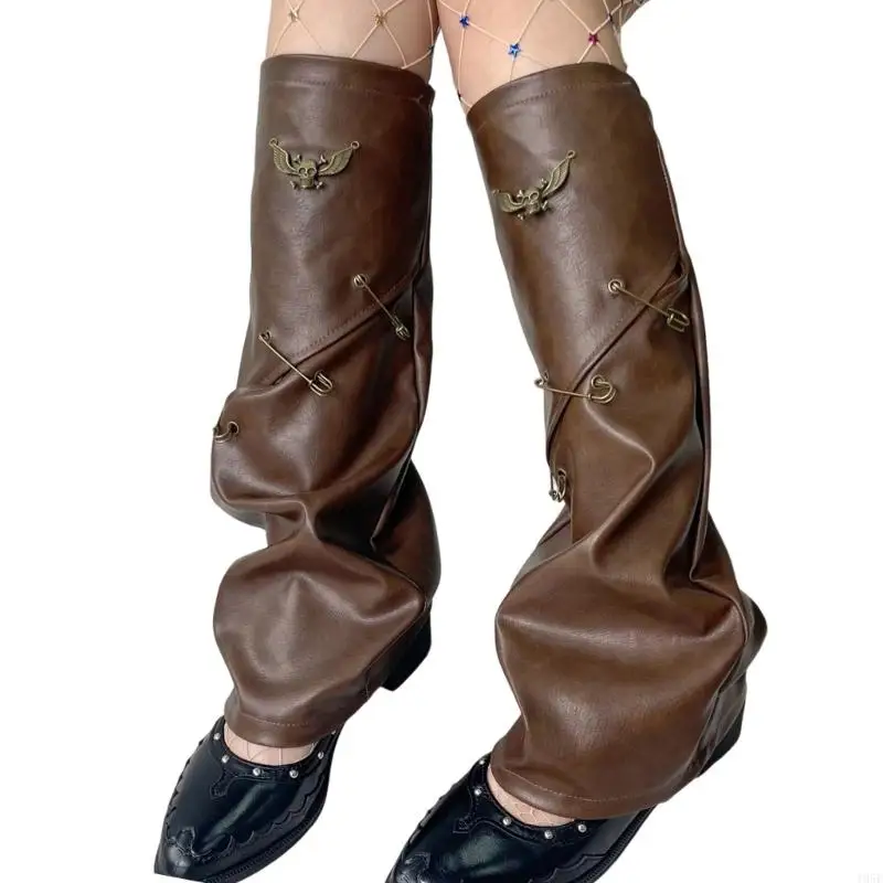 195E Women Subcultures Leg Gaiters Covers Harajuku Punk PU Leather Ripped Leg Warmer Baggy Grunge Flared Socks Streetwear