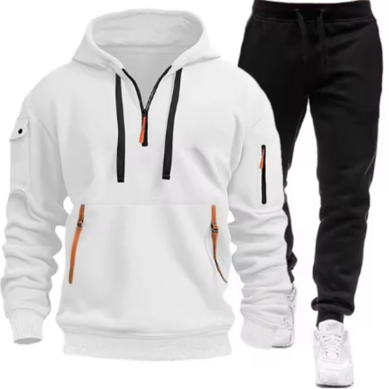 Heren vrijetijdssport trui multi-rits armzak hoodie set herfst/winter mode hoodie heren losse jas broek pak