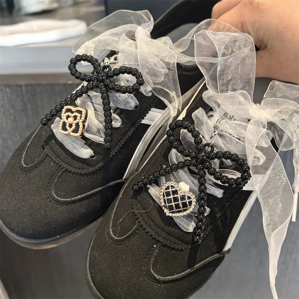 

Dopamine Colorful Pearl Bow Shoe Laces Charms Set for Sneakers Pearl Flower Shoe Decorations Charm DIY Shoes Accessories 1 Set