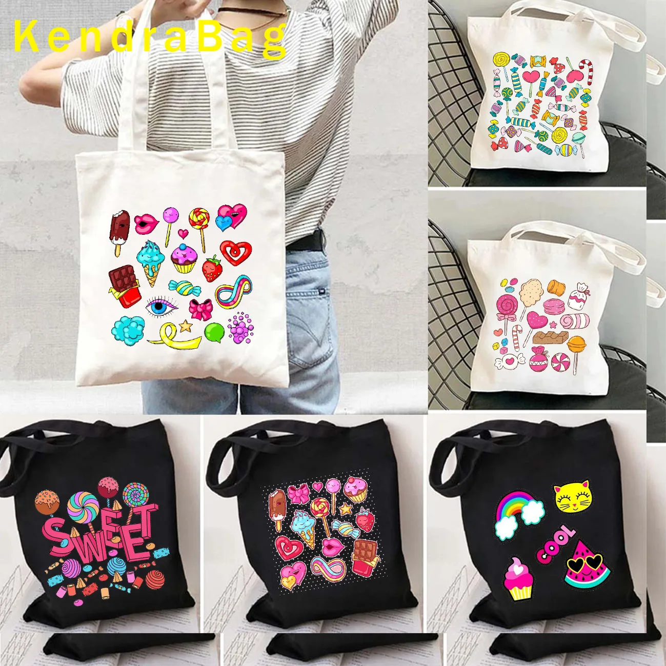 

Colorful Candy Lover Gifts for Girl Kawaii Cute Lollipop Donut Canvas Shoulder Tote Bag Harajuku Shopper Reusable Cotton Handbag