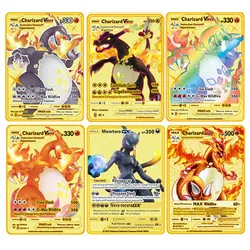 English Version Pokemon Metal Card Anime Figure Pikachu Charizard Mewtwo Battle Trading Game Collection Cards Model Toy Gifts