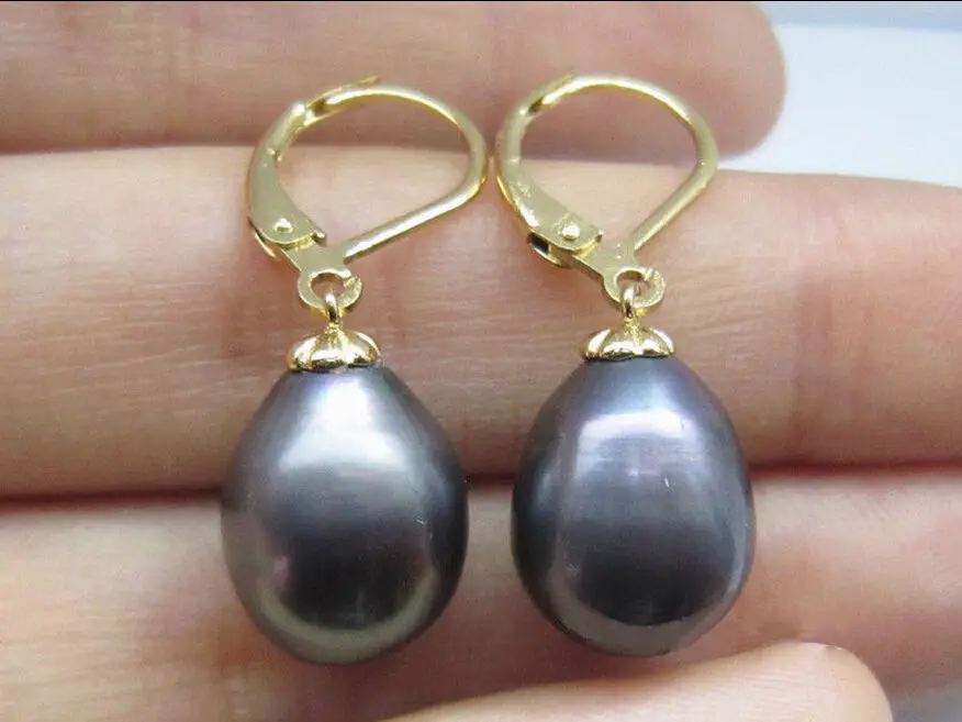 Natural AAAA 11-13mm Tahitian Black Pearl Lady's Earrings in 14K Gold