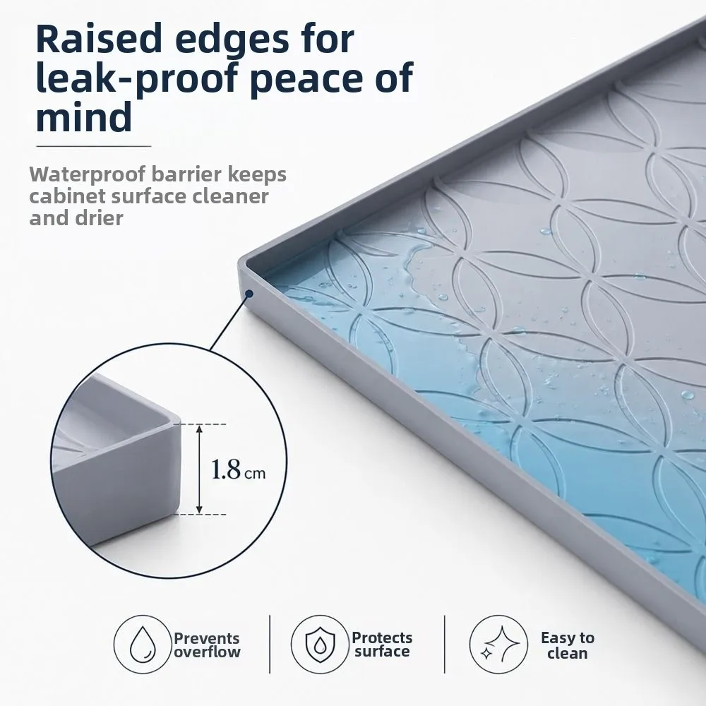 Waterproof Under Sink Mat Raised Lip Flower Texture Silicone Cabinet Protector Anti-Mold Easy Clean Sink Drain Pad Kitchen