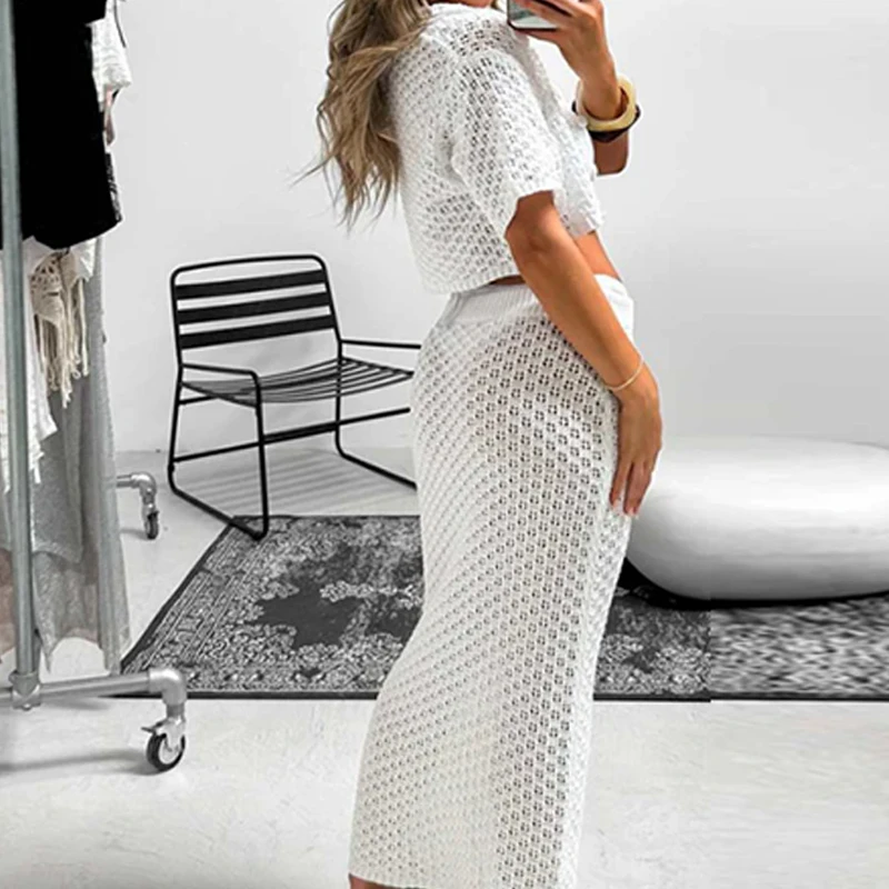 สไตล์ใหม่ถัก Hollow Out แขนสั้น Slim กระโปรง 2 ชิ้น Beach Cover Up ชุดสตรีวันหยุด Sun ชุดว่ายน้ํา Cover-Ups