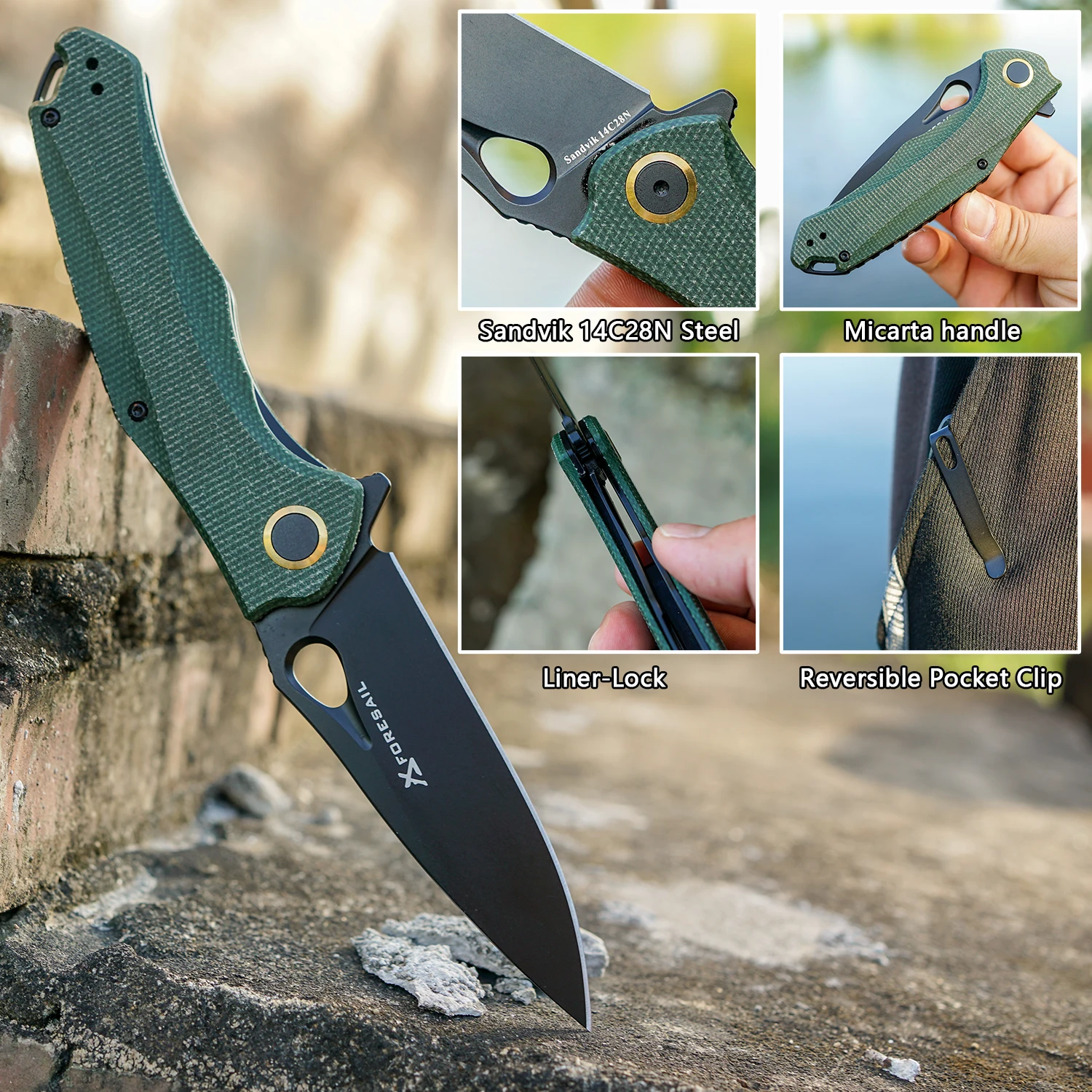 Practical Pocket knife made with14C28N Steel,Reversible Deep-carry Pocket Clip,Flipper. For Outdoor Camping and Gift, EDC Knife