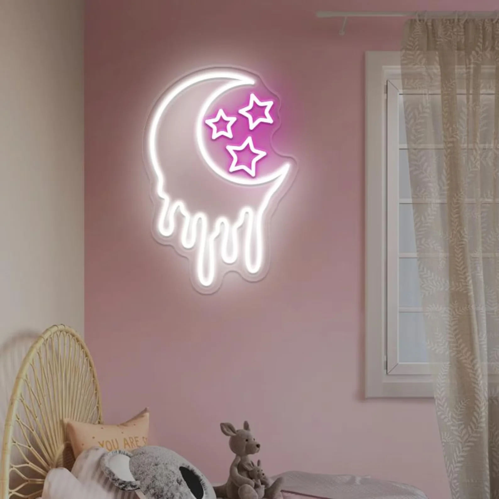 Melting Moon Neon Sign,Stars Neon Sign,Stars And Moon Neon Sign,Dripping Moon Wall Decor,Kids Room Neon Light,Business Neon Sign