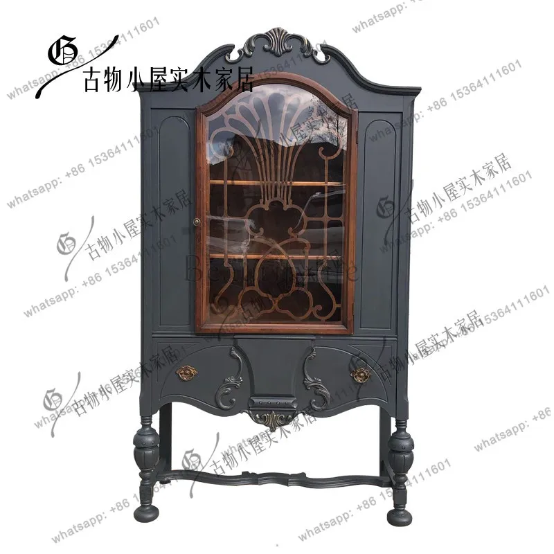 

American retro living room large-capacity locker glass side cabinet old color can be customized