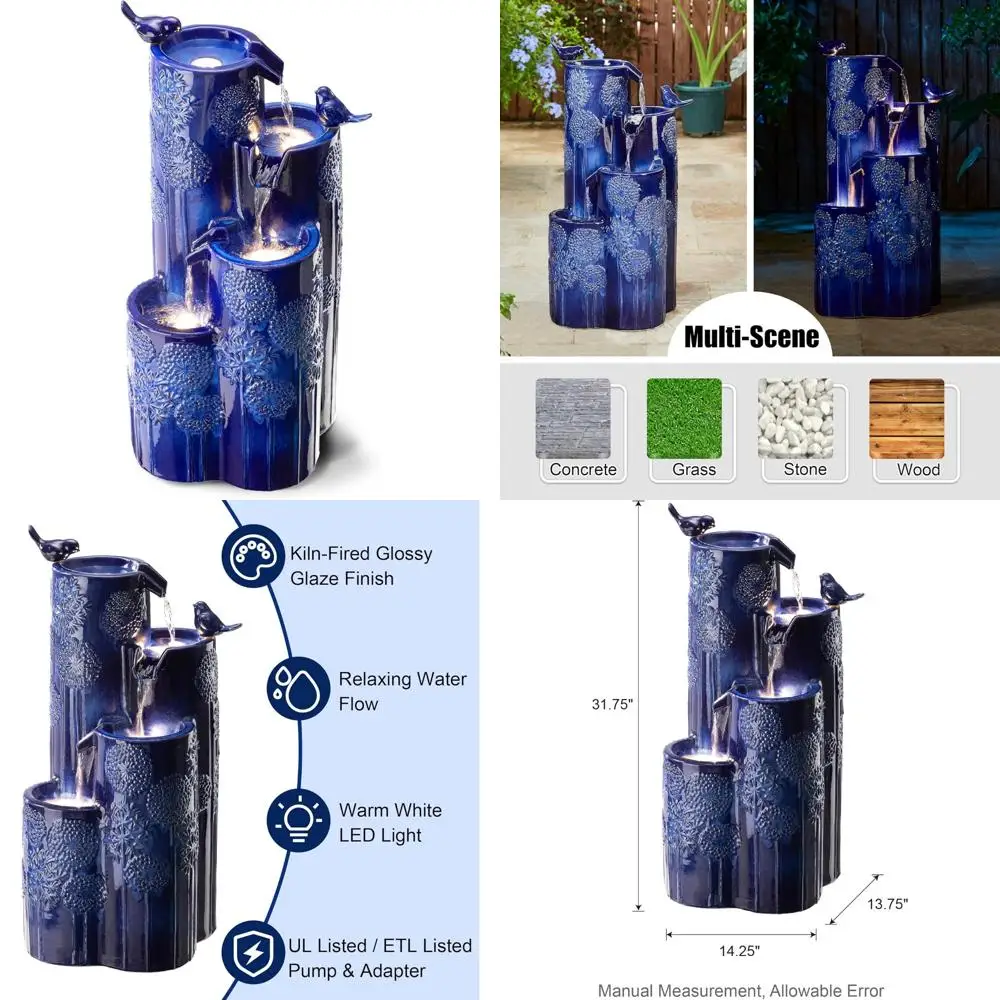 

Outdoor 32" High Ceramic Blue Dandelion 4-Tier Water Fountain with LED Lights and Pump
