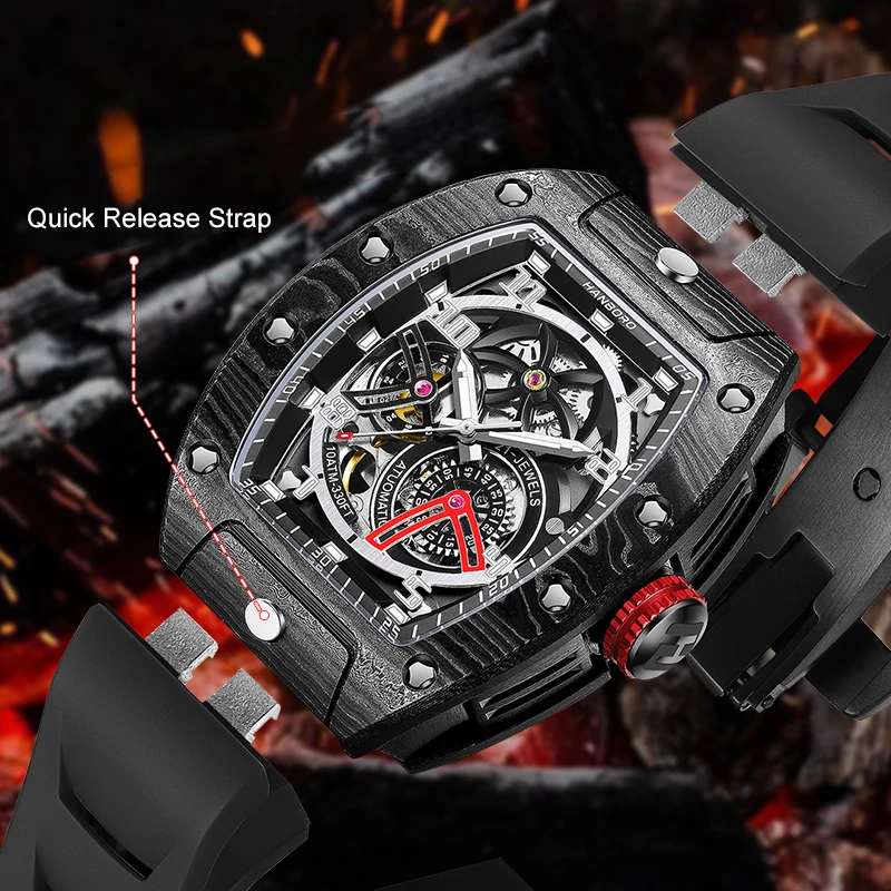 HANBORO 남자 자동 시계 토노 탄소 섬유 케이스 기계식 손목 시계 5Bar 빛나는 해골 다이얼 사파이어 미러