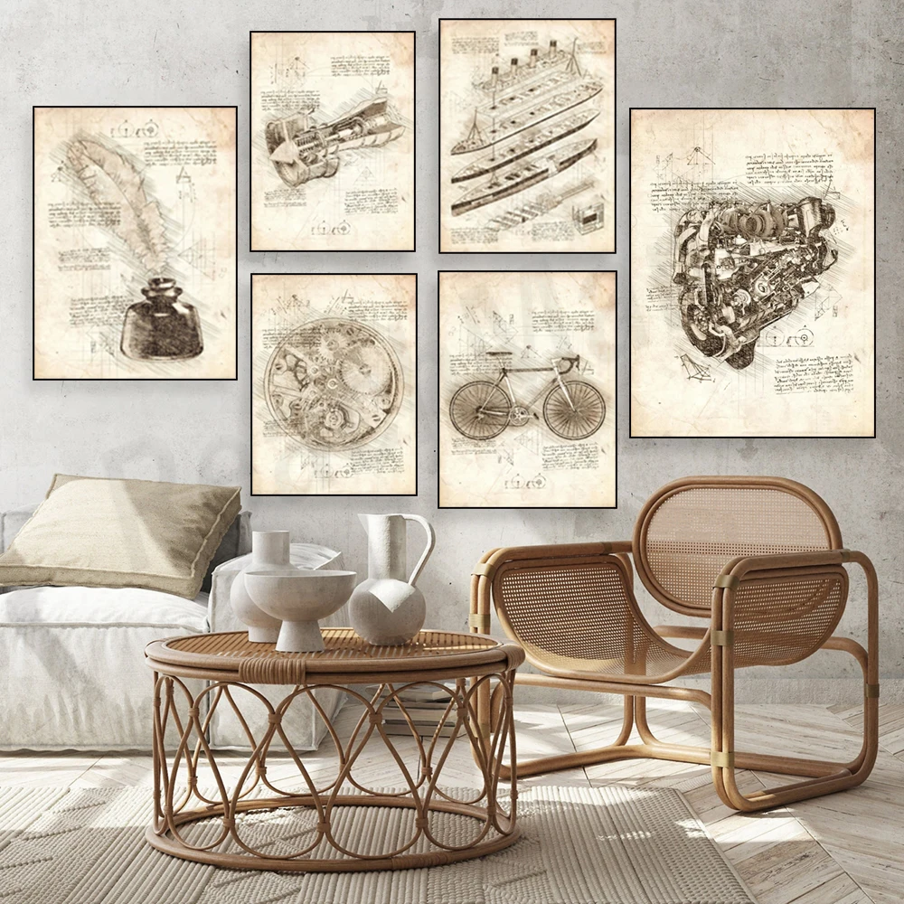 Vintage Leonardo da Vinci-style sketch posters, sailboats, chessboards, cranes, engines, phonographs, bicycle canvas home decor.