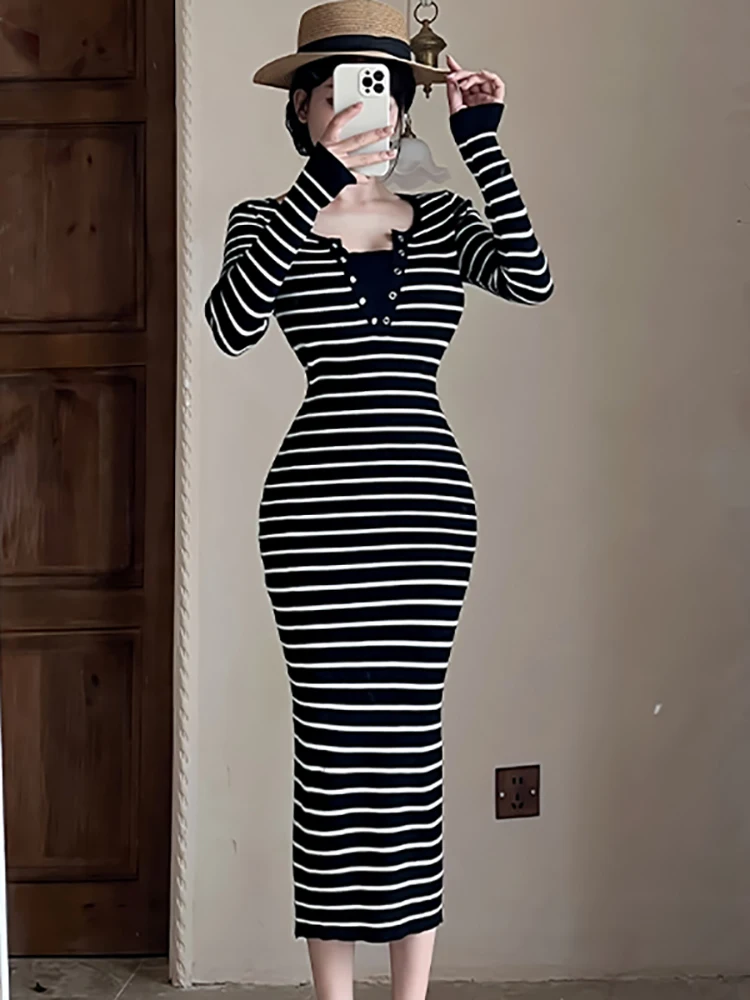 Herfst Winter Zwart Gestreepte Gebreide V-hals Lange Jurk Vrouwen Vintage Luxe Avondjurk 2025, Koreaanse Elegante Bodycon Feestjurk