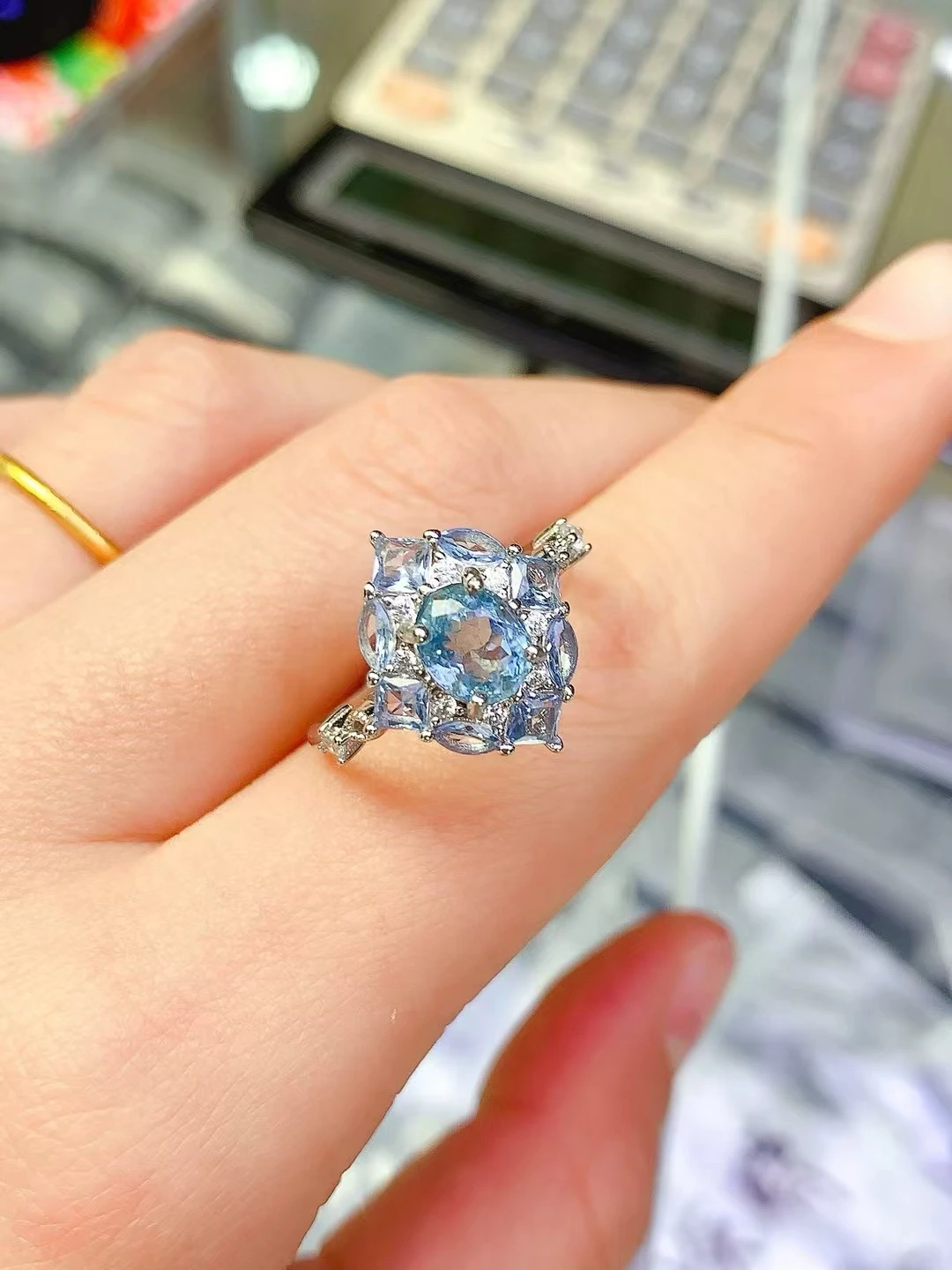 Kjjeaxcmy jóias finas luz natural azul aquamarine anel feminino s925 prata requintado incrustado alta clareza gem suporte teste