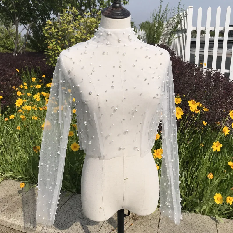 Stylish Bride Wrap Illusion Pearls Lace O Neck Bridal Jacket Sexy Long Sleeve Button Wedding Accessories Customized