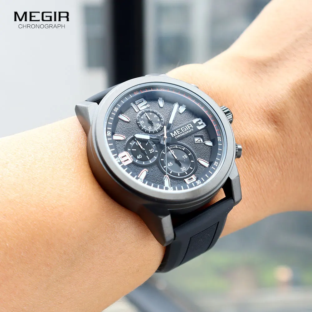 MEGIR Military Sport Watch for Men Fashion Black Silicone Strap Waterproof Luminous Quartz Wristwatch with Auto Date Chronograph