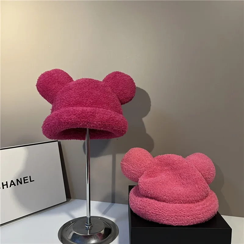 

2024 New Cute Bear Ear Plush Bucket Hats Women Autumn and Winter Korean Fashion Beanie Y2k CasualCandy Color Warm Pullover Cap