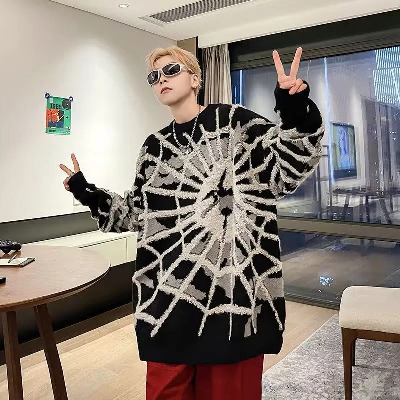 Dark Spider Men O Neck Long Sleeve Sweater Winter Teenager Street Fashion All-match Loose Clothing Halloween Party Black Unisex