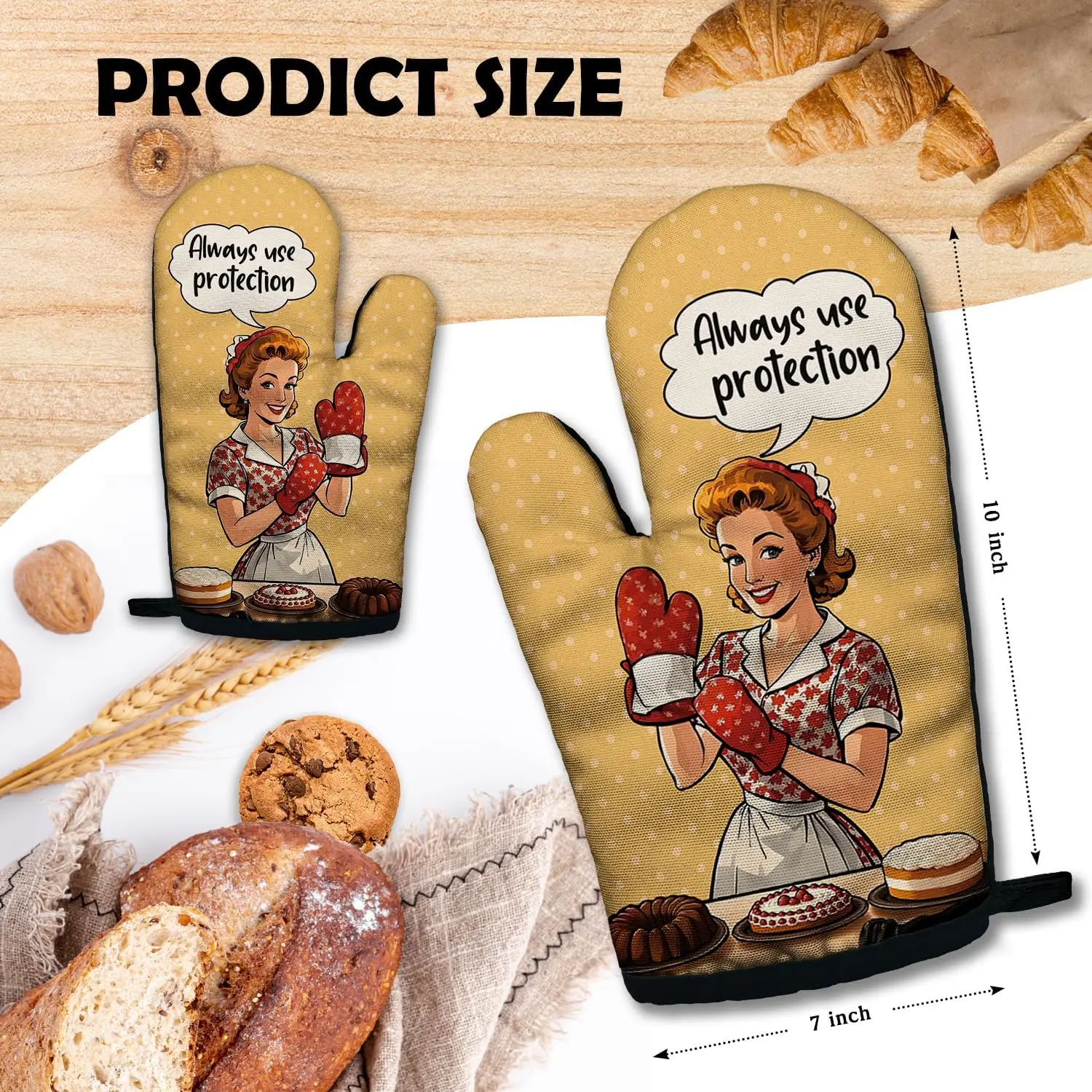 Always Use Protection Funny Heat Resistant Oven Mitts 2-Piece Set with Non-Slip Retro Housewife Cooking Baking