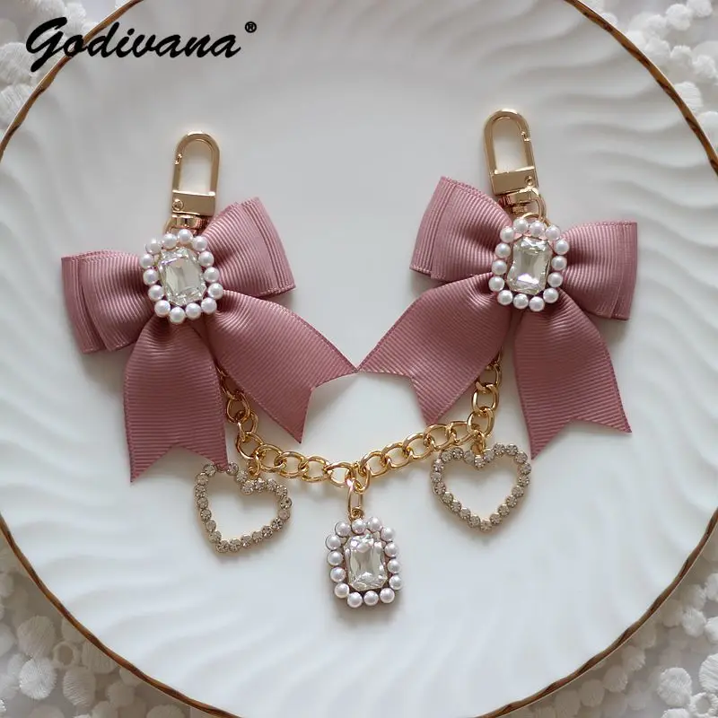 

Handmade Japanese Liz Rhinestone Bow Ribbon Pearl Bag Accessories Shiny Gem Cute Girl Super Fairy Handbag Pendant Bag Charms