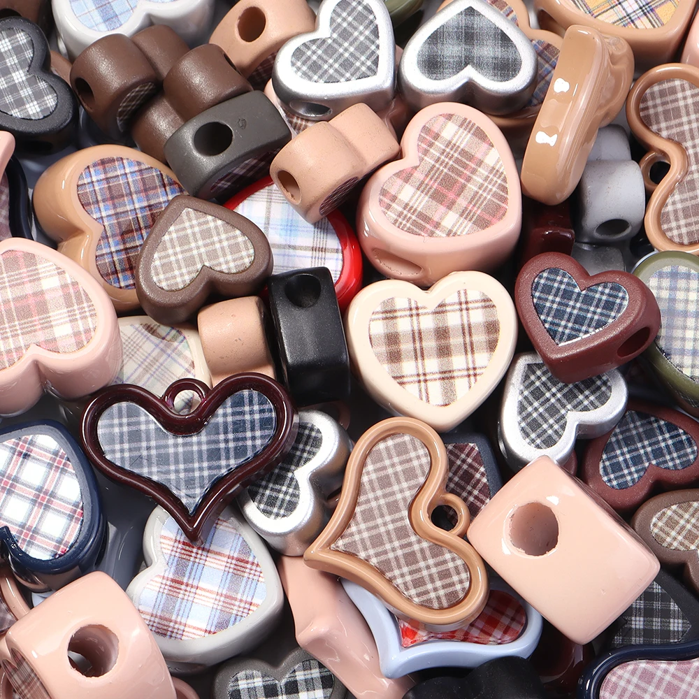 5-10pcs Sweet Plaid Heart Acrylic Beads Love Shape Checkboard Loose Spacer Bead For Jewelry Making DIY Necklace Kaychains