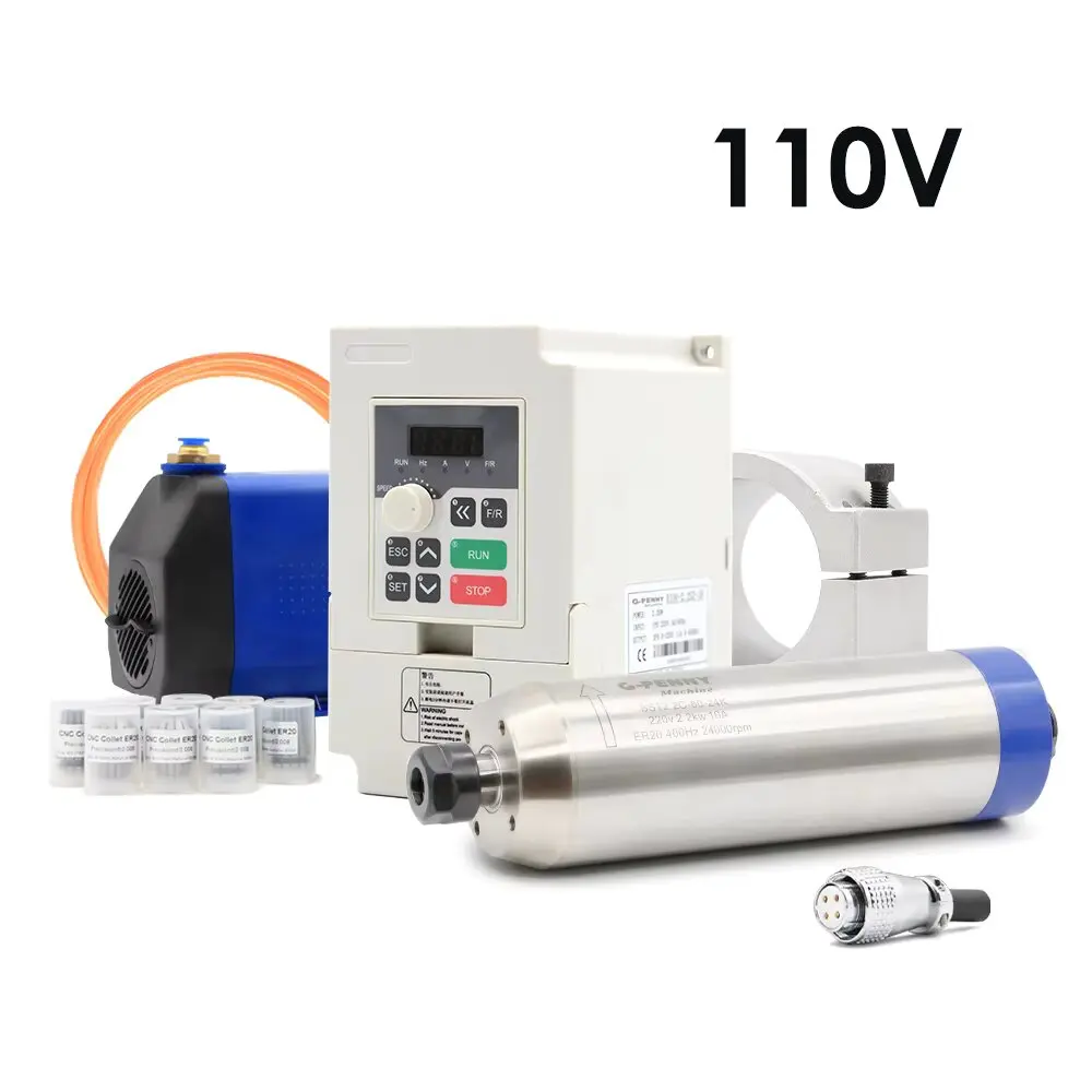 G-Penny 2,2KW ER20 Wassergekühlter CNC-Spindelmotor 220V 380V 4 Keramiklager Komplettset VFD-Wechselrichter 80mm Klemme Wasserpumpe