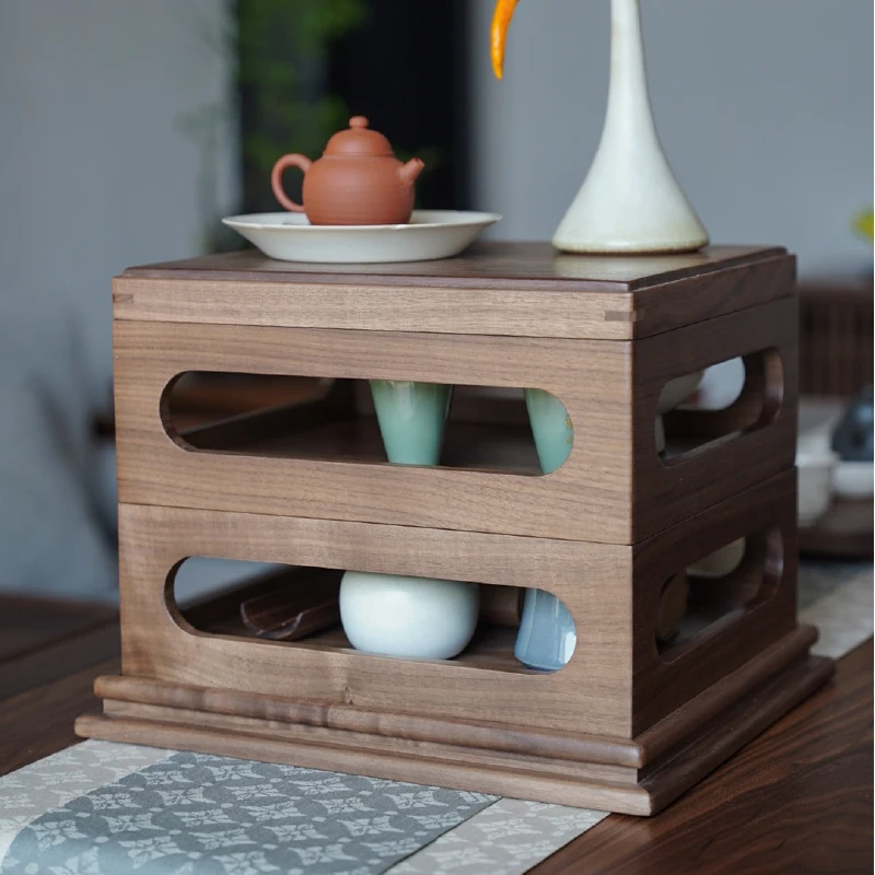 Zen New Chinese Style Observation Set Box Black Walnut Solid Wood Tea Room Storage Tea Rack Tea House Storage Combination