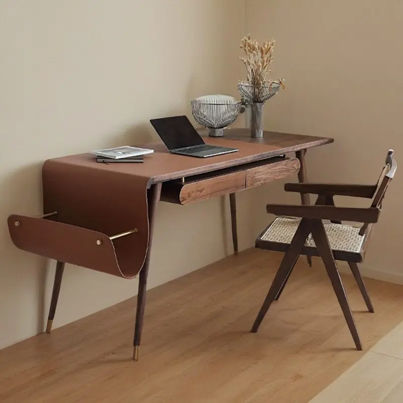 Italian minimalist office desk computer desk black walnut learning saddle leather writing desk household