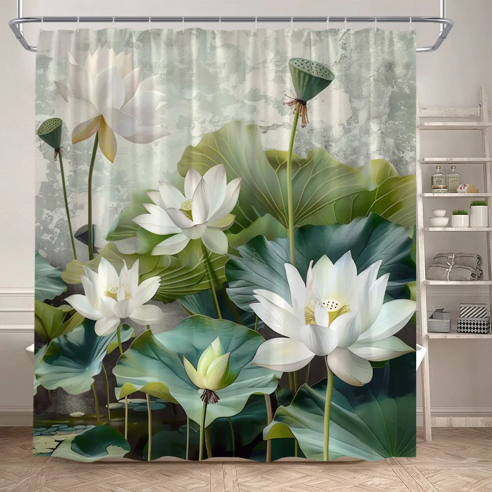 Pink Lotus Shower Curtains Vintage Chinese Style Flowers Plants Lake Nature Scenery Home Bathroom Decor Bath Curtain With Hooks