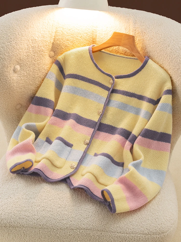 100% Merino Wool Women Sweater New Chic O-neck Striped Buttoned Cardigan  Multicolor Soft Wool Knitwear Spring Autumn Top