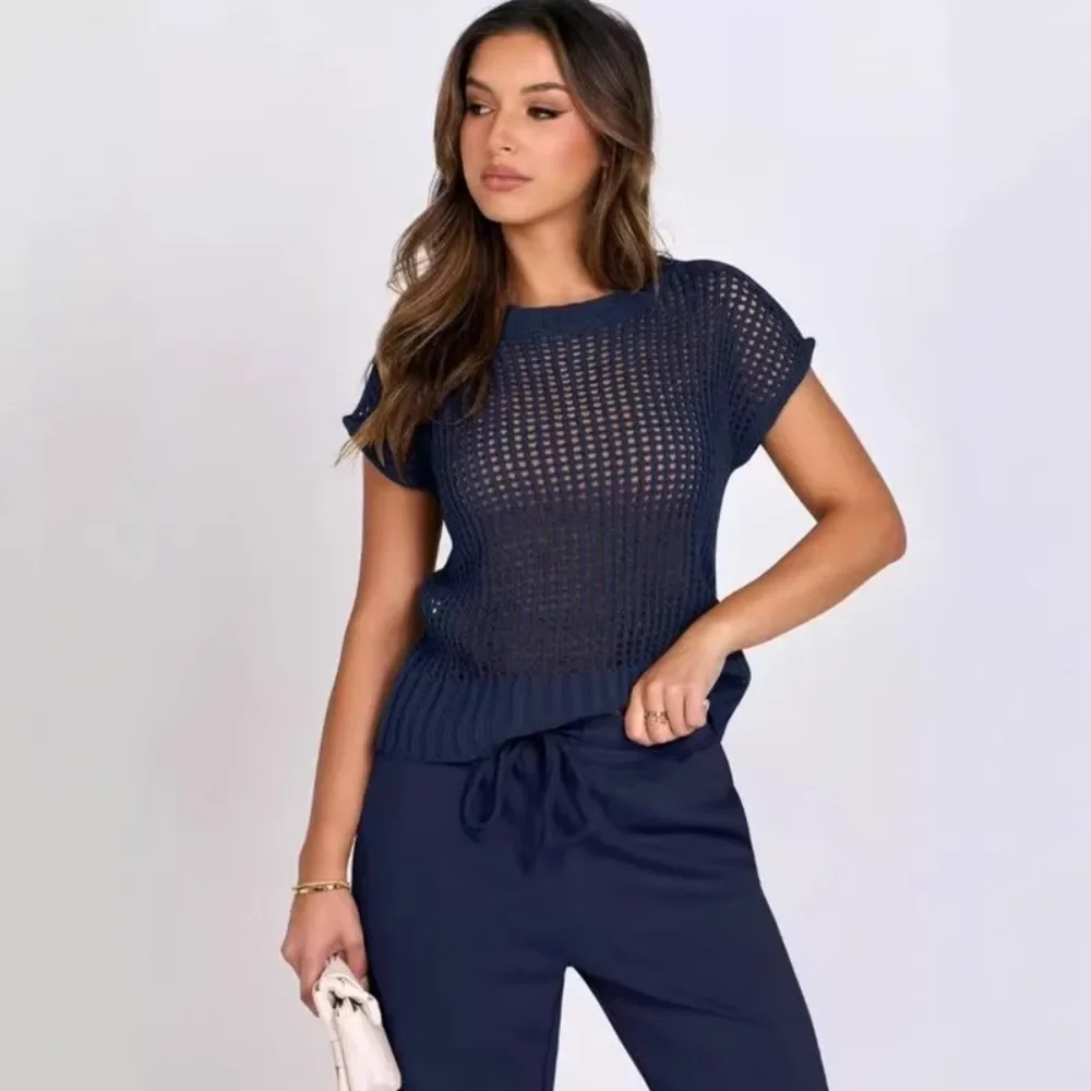 European American Women New Round Neck Hollow Out Knit Short Sleeve Top Drawstring Wide Leg Pants 2 Piece Daily Wear Outfit