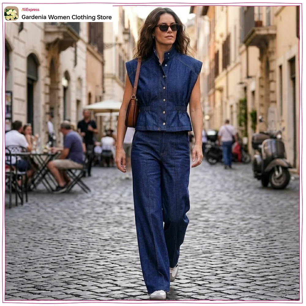 Ensembles décontractés en jean indigo pour femmes : Gilet à col montant et pantalon droit plissé ton sur ton avec taille élastique