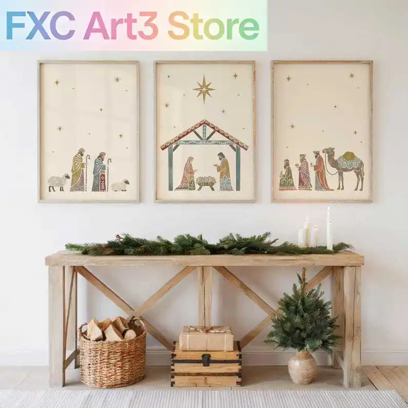 3pcs/Set frameless, Whimsical Nativity Scene Canvas Print Colorful Christian Religious Easter Wall Art Poster Pictures for Moder