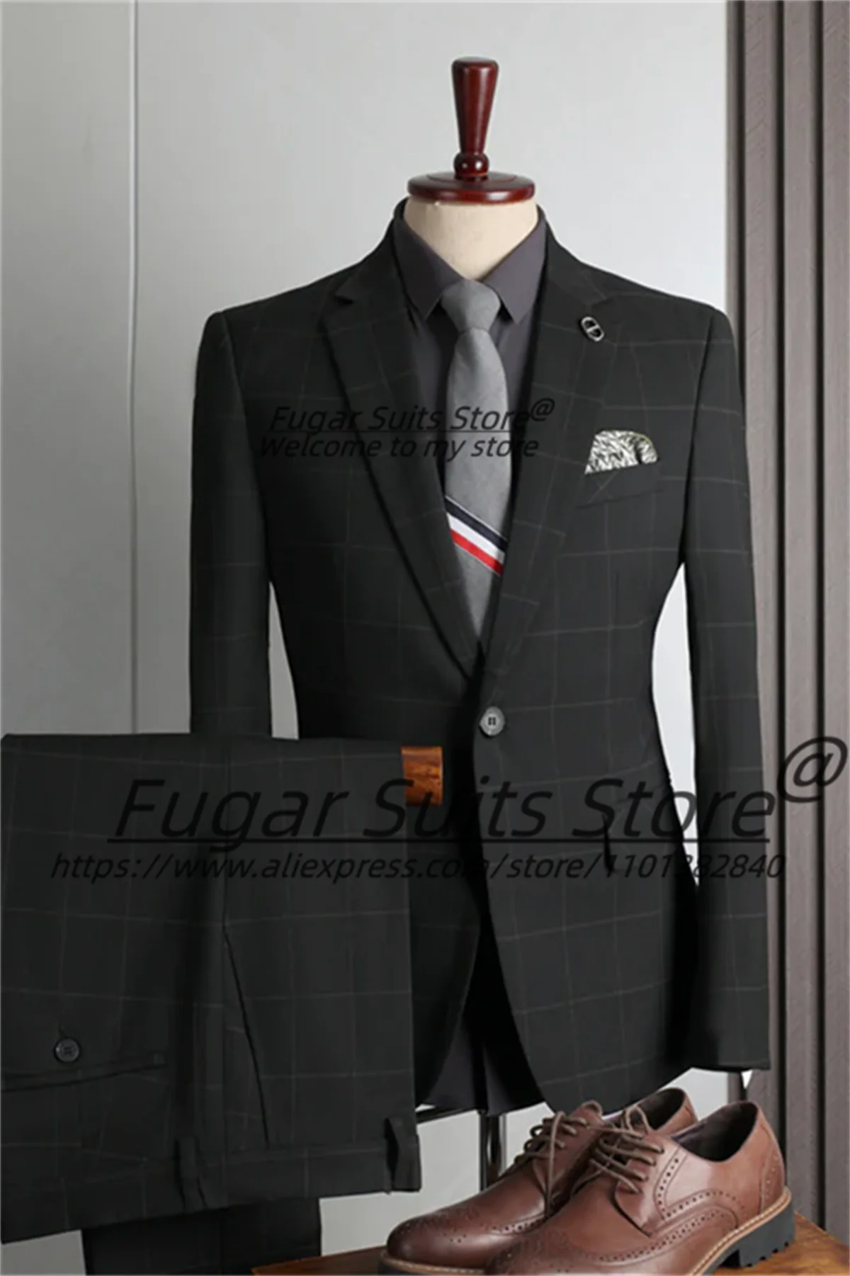 

Business Gray Plaid Men Suits Slim Fit Notched Lapel Groom Wedding Tuxedos 2 Pieces Sets Office Work Male Blazers Ropa Hombre