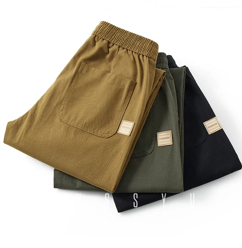 Herbst-Winter Hochwertige 100% Baumwolle Freizeithose für Herren mit elastischem Bund, lockerer, gerader Passform, lässige Arbeitshose, Cargo-Hose, Khaki-Hose für Männer – Detail 3