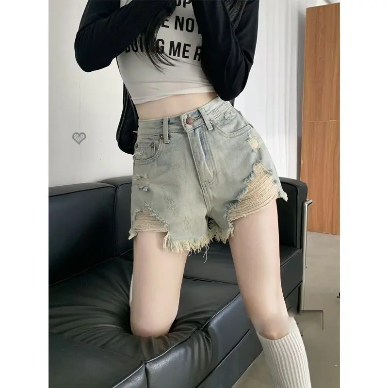 

Retro Hot Girl Personality Ripped Denim Shorts for Women New Style Slim A-line Wrap Hips Wide Legs