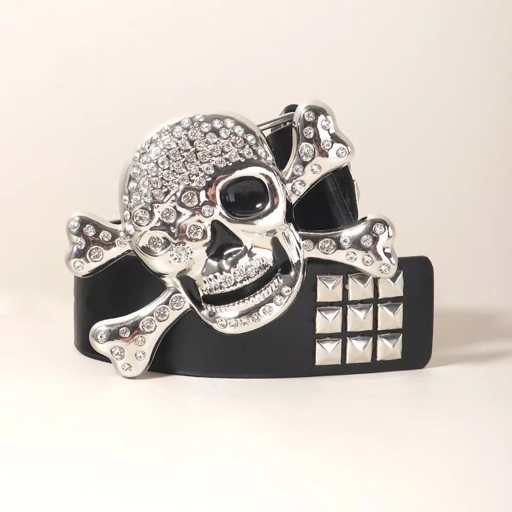 

Jeans Decor Rhinestone Skull Wide Waistband Y2K Adjustable Black Rivet Belt Punk Black Skeleton Belt Men