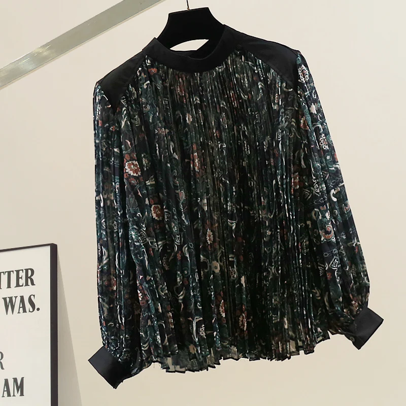 

Korean Sle Heavy Du Print Gored Gored Blouse Design Versatile Loose Long Sve irt Faionable Breathable Women's Top