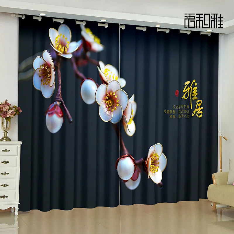 2Panel Custom Chinese Curtain Flower Landscape Peach Pine Print Curtain Living Room Bedroom Kitchen Blinds Transparent Curtain