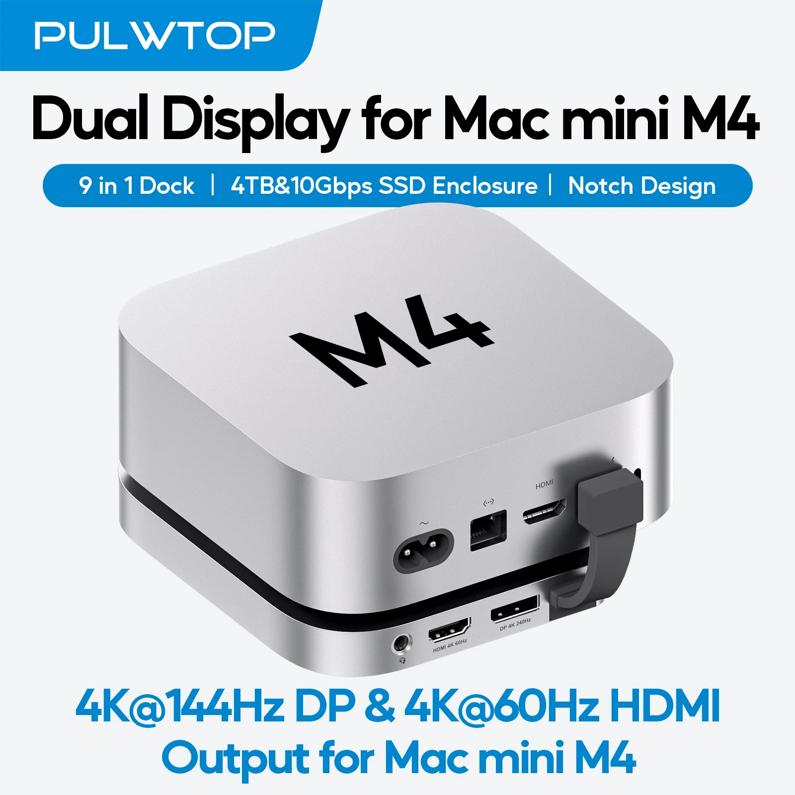 PULWTOP USB C Hub for Mac Mini M6, M5 Pro, M4/M4 Pro with DP & HMDI, 3 USB A 2.0, SD/TF , Audio/Mic, 4TB NVMe SSD Enclosure
