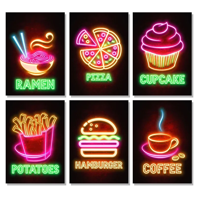 Neon Effect Food Burger Pizza Ramen Coffee Cupcake Restaurant Posters Prints Canvas Painting Wall Pictures Kitchen Decor NO L