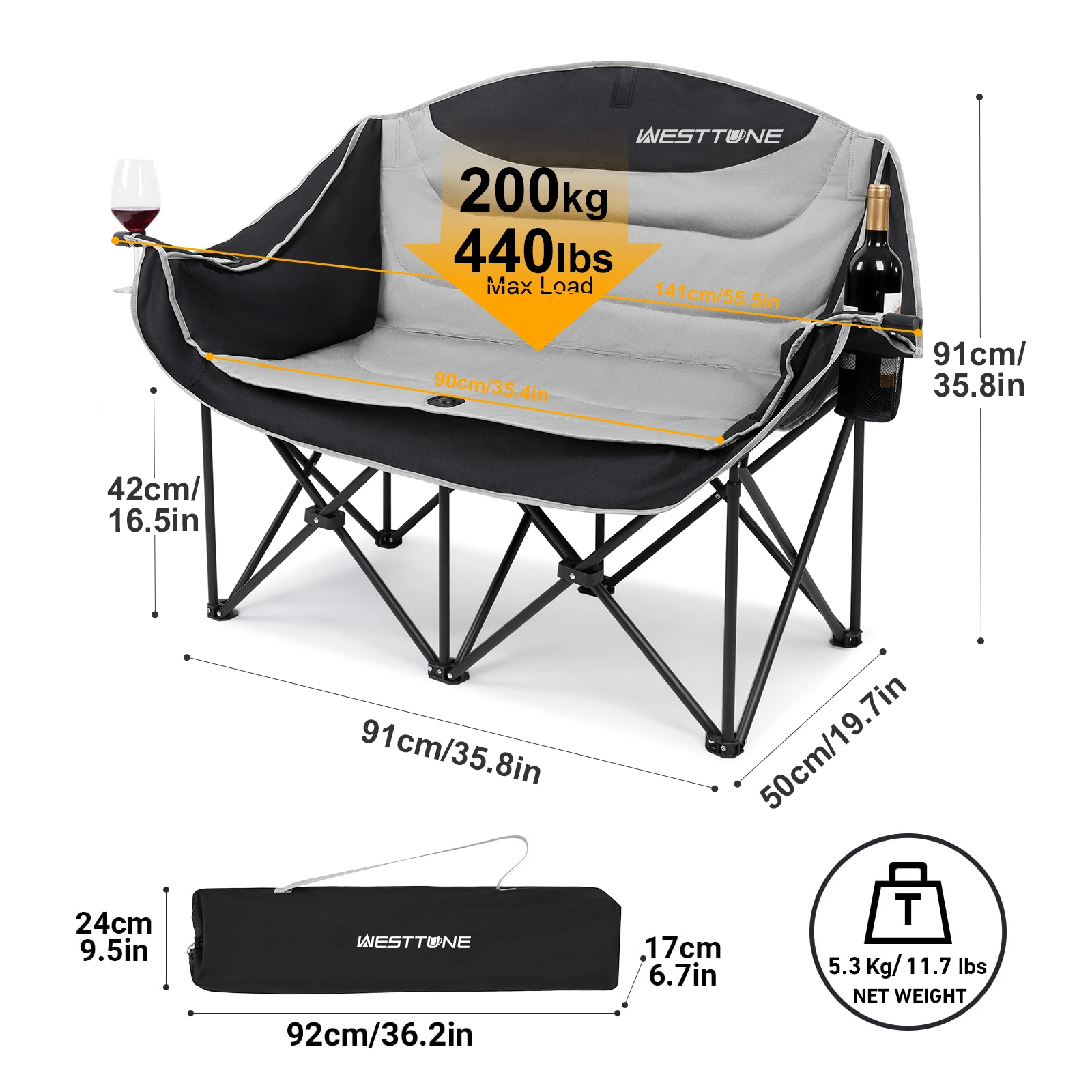 WESTTUNE Double Camping Chair Oversized Loveseat Outdoor Couch Heavy Duty Outdoor Folding Chair with Cup Holder Support 440 lbs