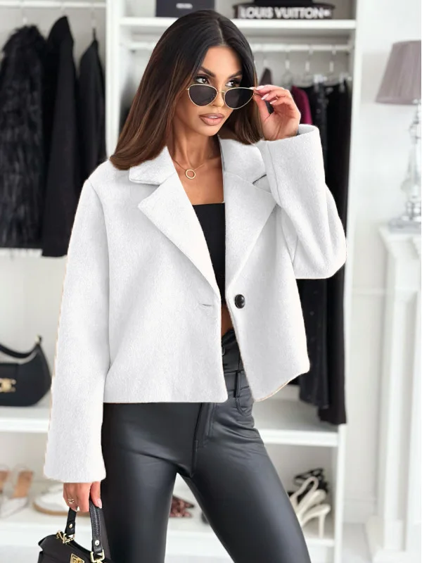 Women Lapel Single-Breasted Cropped Wool Coat Chic Tailored Jacket for Office or Daily Outings