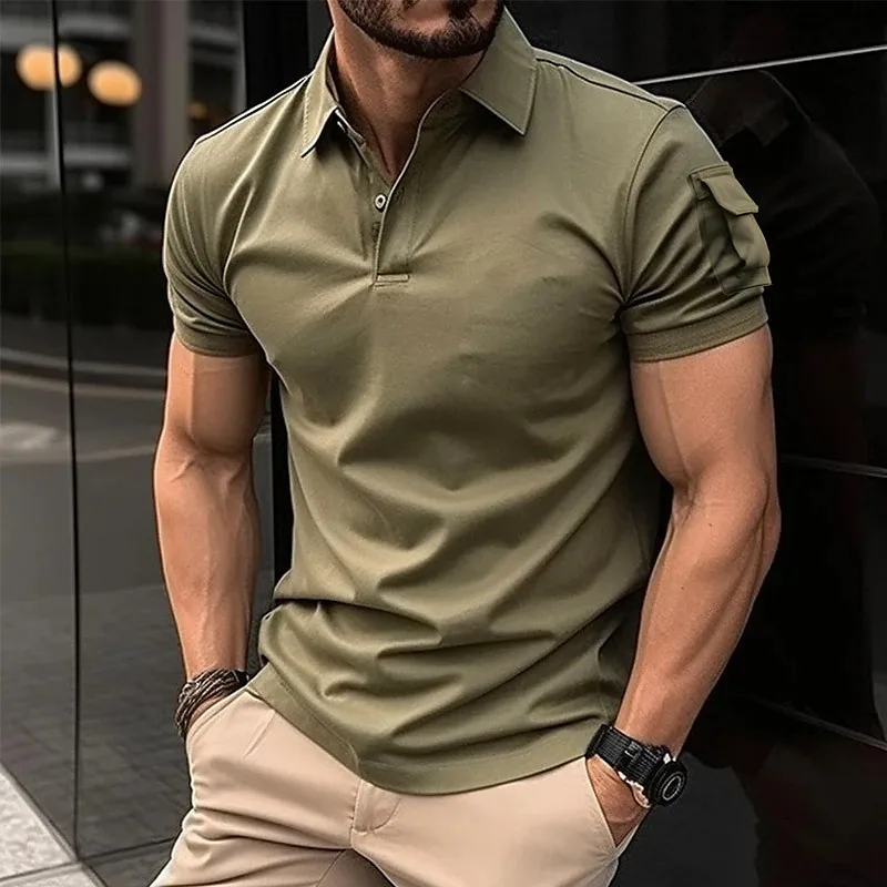 POLO de manga corta para hombre, camisa americana retro pesada, bolsillo en el brazo, personalidad de tendencia, Verano