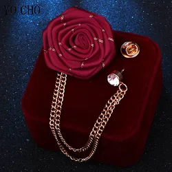 Men Wedding Brooches Cloth Art Handmade Rose Flower Brooch Lapel Pin Badge Tassel Chain Men's Suit Accessories Groom Boutonniere