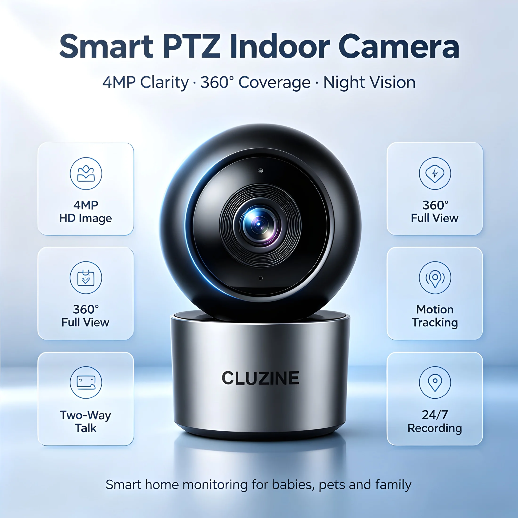 CLUZINE 2K Indoor Security Camera with 360° Pan 110° Tilt AI Motion Tracking Night Vision Two-Way Audio 2.4G WiFi