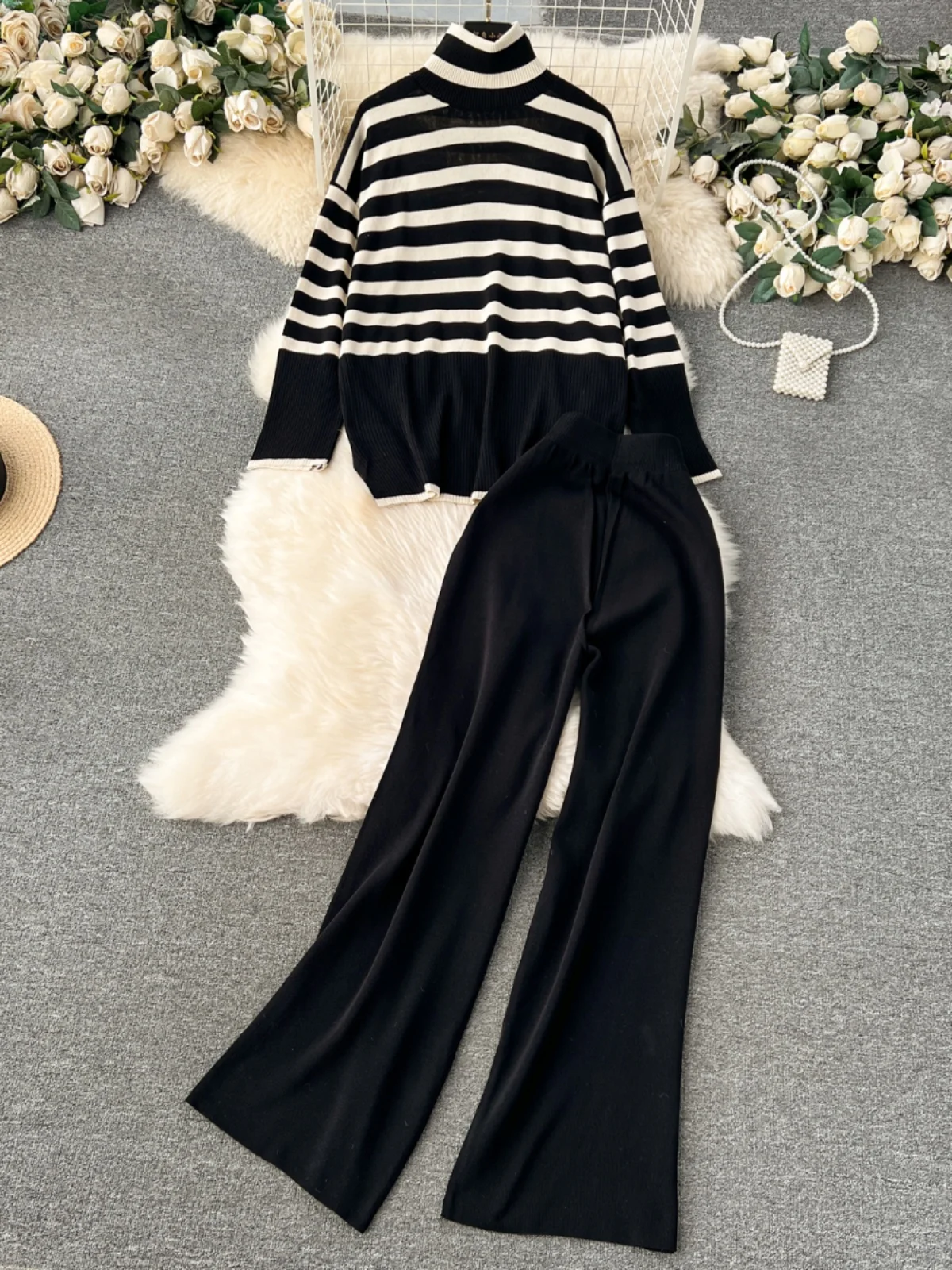 Conjunto de duas peças de moda de inverno descontraído de malha com gola alta trada calças largas combinando estilo retrô ...