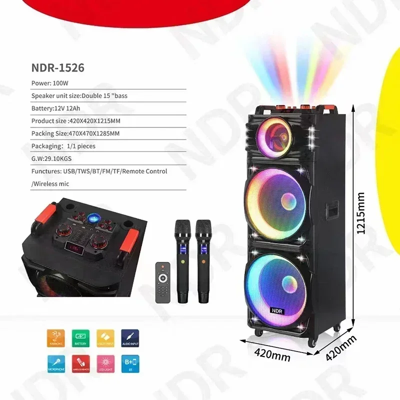 NDR-1526 Double 15 inch Bass 100 watt Big Power Trolley Speaker USB/TF/FM/TWS/Remote control/ Wireless Mic Outdoor BT Speakers