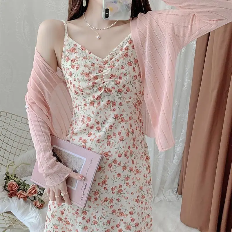 Summer New Women Dresss Set Floral Fairy Halter Dress + Thin Solid Color Sunscreen Top Two-piece Sets Elegant Sweet Dress Female