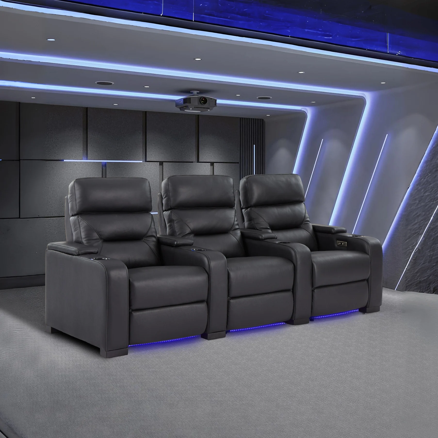 

Luxury Home Theater Recliner Sofa Genuine Leather With Tray Tables Media Room Recliner Sofa With Tray Tables Theater Furniture