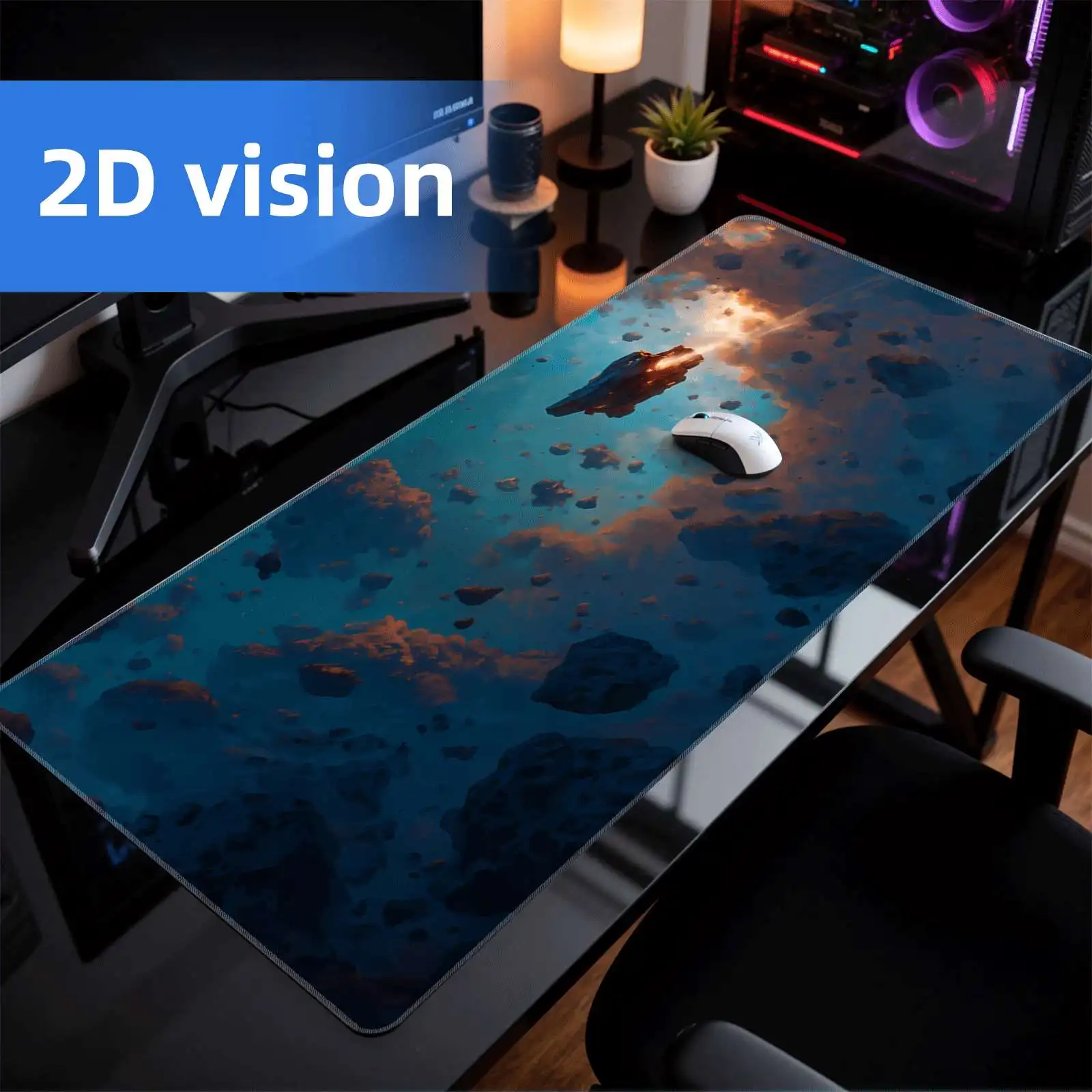 Sci-Fi Spaceship Asteroid Field Extended Gaming Mouse Pad Desk Mat Non-Slip Rubber Surface for PC Gamers